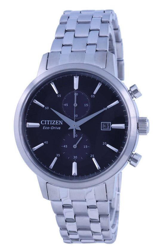 Citizen Classic Chronograph Black Dial Stainless Steel. A brand-new Citizen Eco-Drive watch featuring a Black dial and a Stainless steel strap. Angled view.