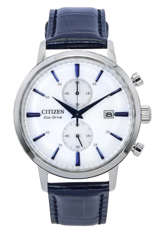 Citizen Eco-Drive Chronograph Leather Strap White Dial. A brand-new Citizen Eco-Drive watch featuring a White dial and a Leather strap. Side view.