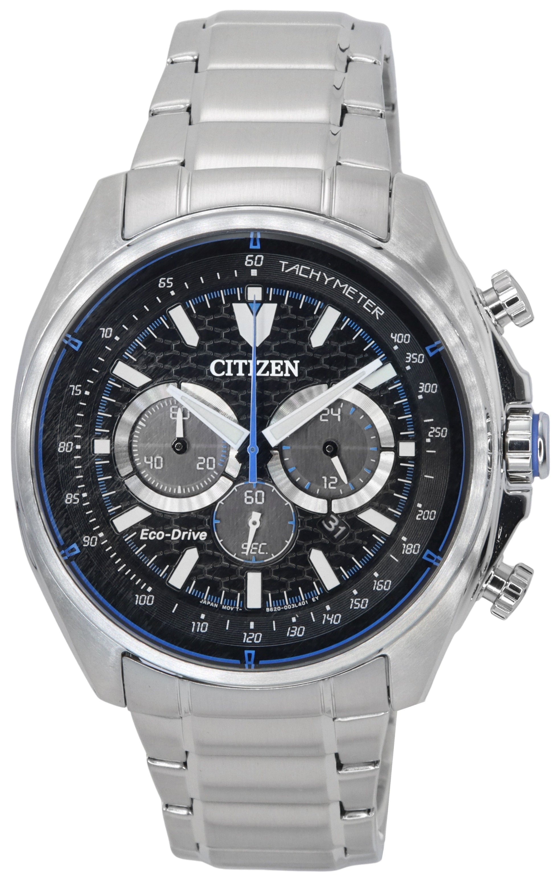 Citizen Eco-Drive Chronograph Stainless Steel Black Dial. A brand-new Citizen Eco-Drive watch featuring a Black dial and a Stainless steel strap. Angled view.