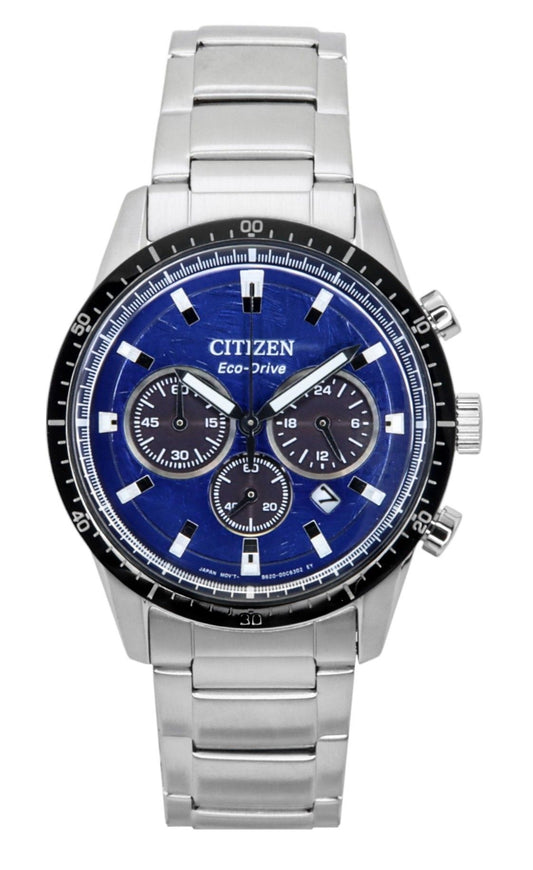 Citizen Eco-Drive Chronograph Stainless Steel Blue Dial 100M. A brand-new Citizen Eco-Drive watch featuring a Blue dial and a Stainless steel strap. Side view.
