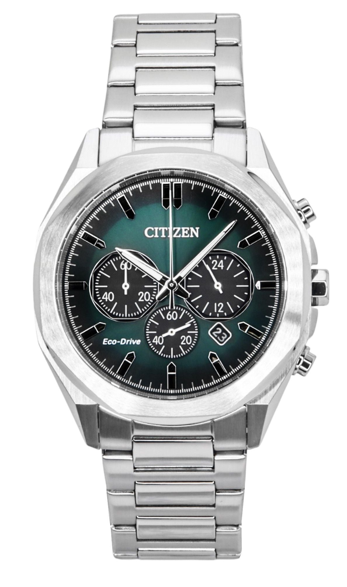 Citizen Eco-Drive Chronograph Stainless Steel Green Dial. A brand-new Citizen Eco-Drive watch featuring a Green dial and a Stainless steel strap. Front view.