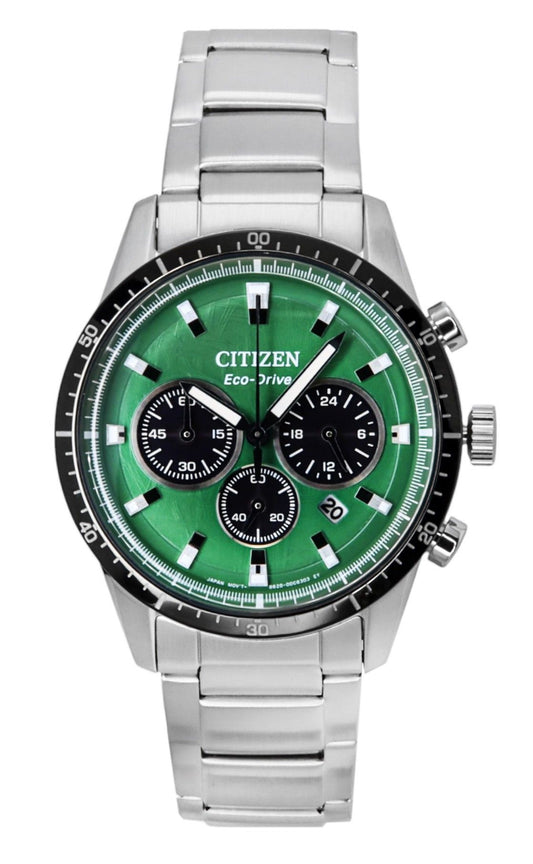 Citizen Eco-Drive Chronograph Stainless Steel Green Dial. A brand-new Citizen Eco-Drive watch featuring a Green dial and a Stainless steel strap. Side view.