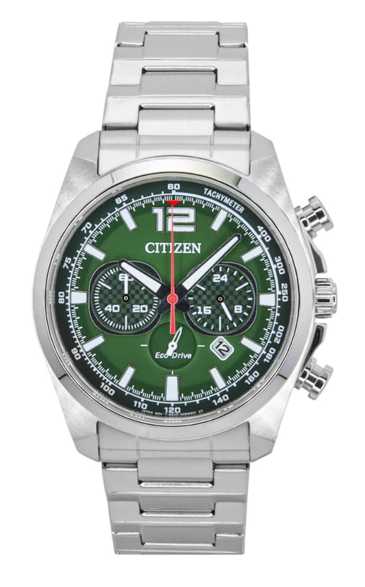 Citizen Eco-Drive Chronograph Stainless Steel Green Dial. A brand-new Citizen Eco-Drive watch featuring a Green dial and a Stainless steel strap. Angled view.