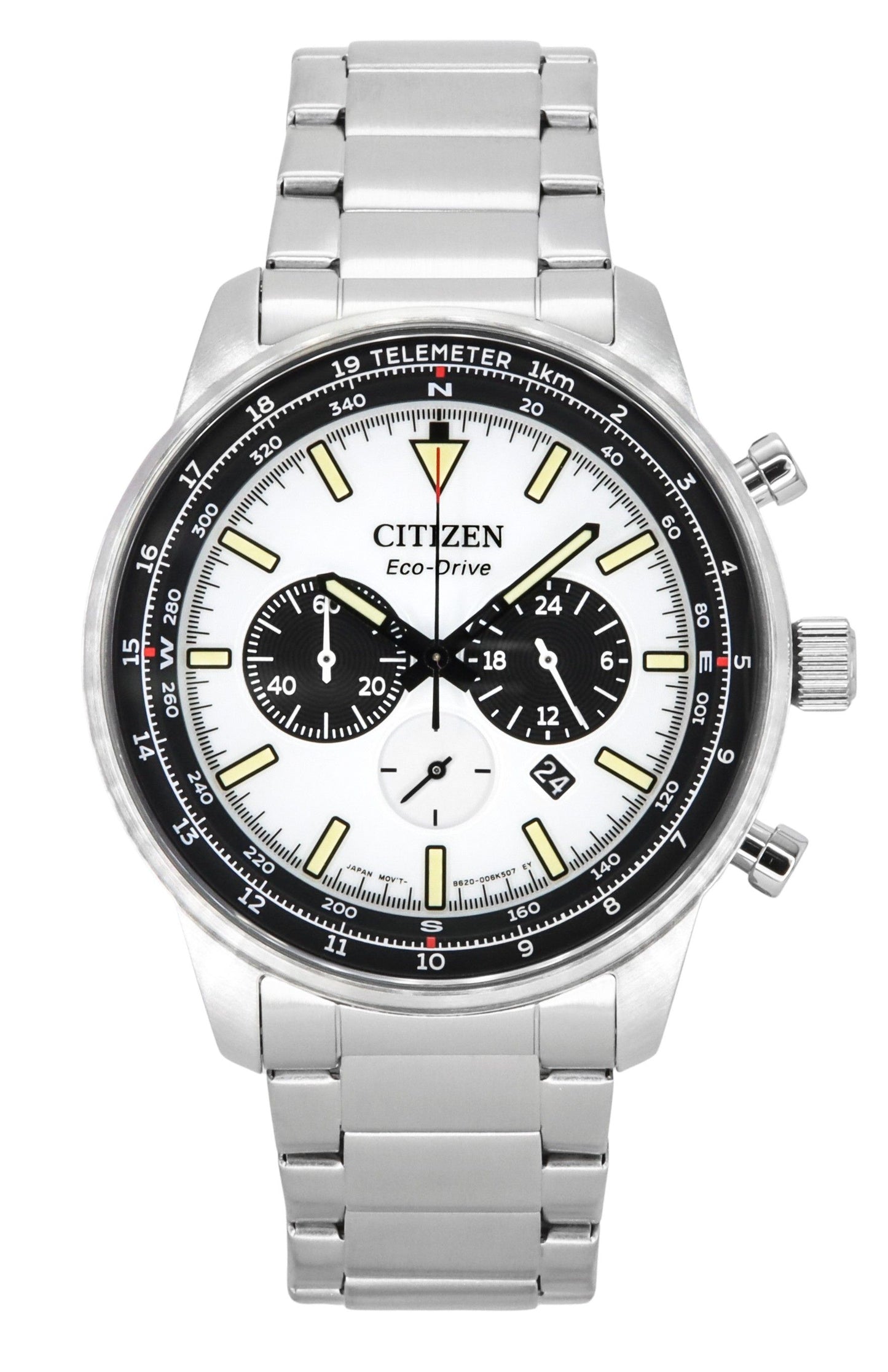 Citizen Eco-Drive Chronograph Stainless Steel White Dial. A brand-new Citizen Eco-Drive watch featuring a White dial and a Stainless steel strap. Front view.