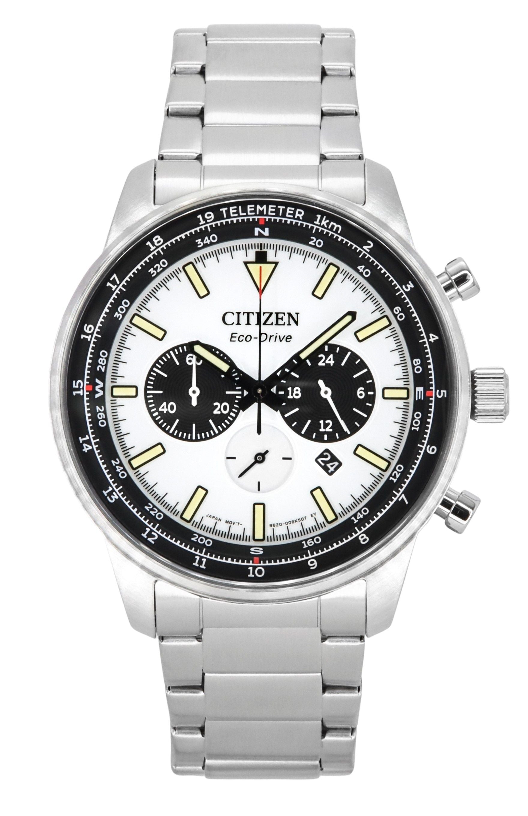 Citizen Eco-Drive Chronograph Stainless Steel White Dial. A brand-new Citizen Eco-Drive watch featuring a White dial and a Stainless steel strap. Front view.