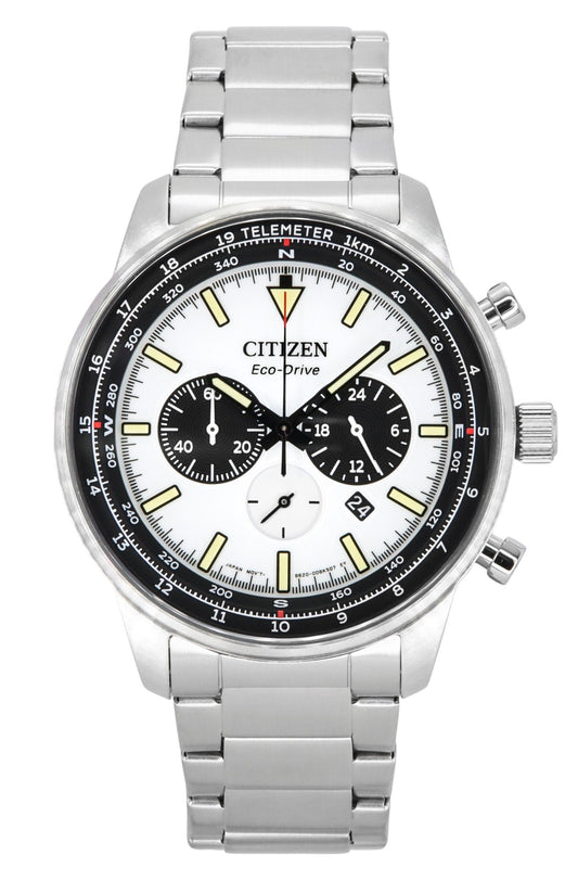 Citizen Eco-Drive Chronograph Stainless Steel White Dial. A brand-new Citizen Eco-Drive watch featuring a White dial and a Stainless steel strap. Front view.
