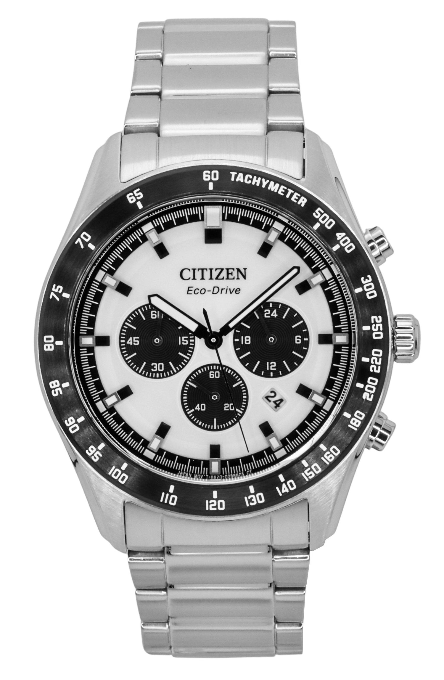 Citizen Eco-Drive Chronograph Stainless Steel White Dial. A brand-new Citizen Eco-Drive watch featuring a White dial and a Stainless steel strap. Side view.