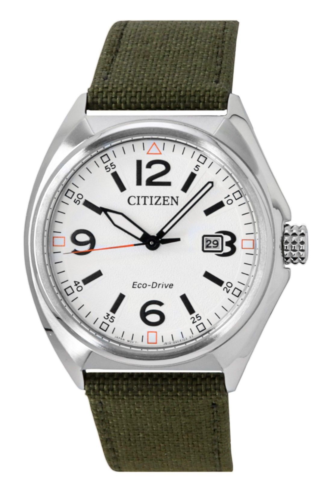 Citizen Eco-Drive Green Nylon Strap White Dial 100M. A brand-new Citizen Eco-Drive watch featuring a White dial and a Nylon strap. Side view.