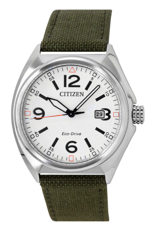 Citizen Eco-Drive Green Nylon Strap White Dial 100M. A brand-new Citizen Eco-Drive watch featuring a White dial and a Nylon strap. Side view.