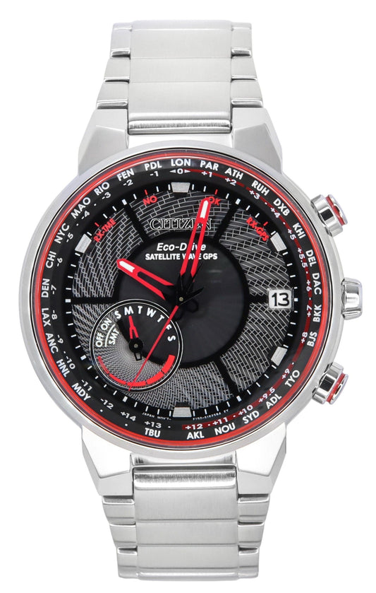 Citizen Eco-Drive Perpetual World Time Satellite Wave Black. A brand-new Citizen Eco-Drive watch featuring a Black dial and a Stainless steel strap. Angled view.