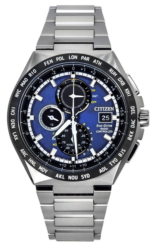 Citizen Eco-Drive Radio Controlled GMT Chronograph Super. A brand-new Citizen Eco-Drive watch featuring a Blue dial and a Titanium strap. Angled view.