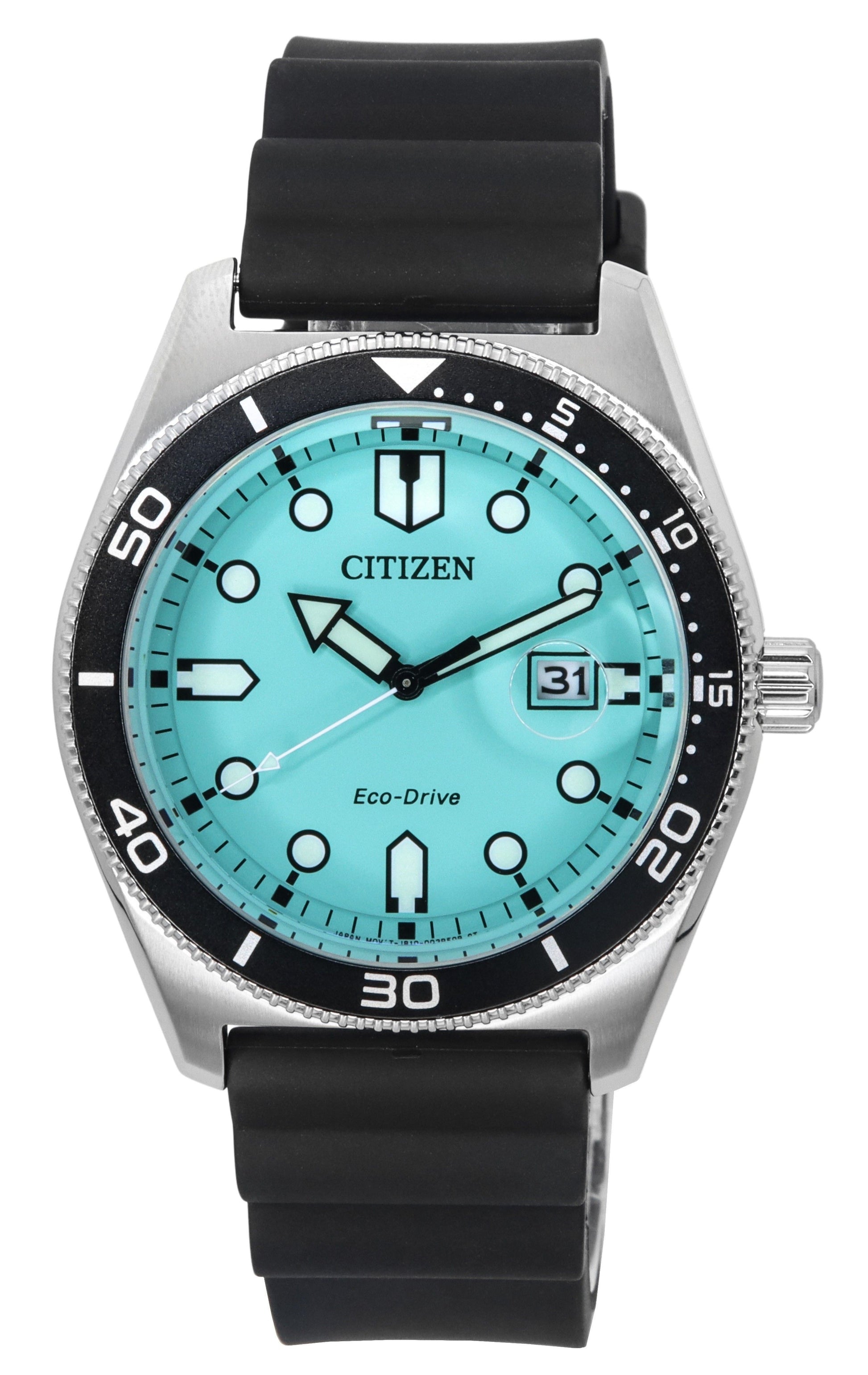 Citizen Eco-Drive Rubber Strap Turquoise Dial 100M. A brand-new Citizen Eco-Drive watch featuring a Turquoise dial and a Rubber strap. Angled view.