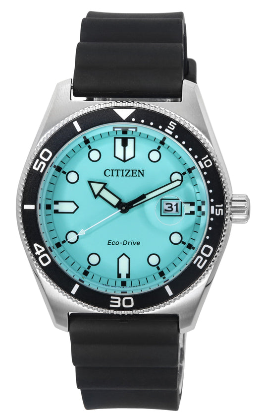 Citizen Eco-Drive Rubber Strap Turquoise Dial 100M. A brand-new Citizen Eco-Drive watch featuring a Turquoise dial and a Rubber strap. Angled view.