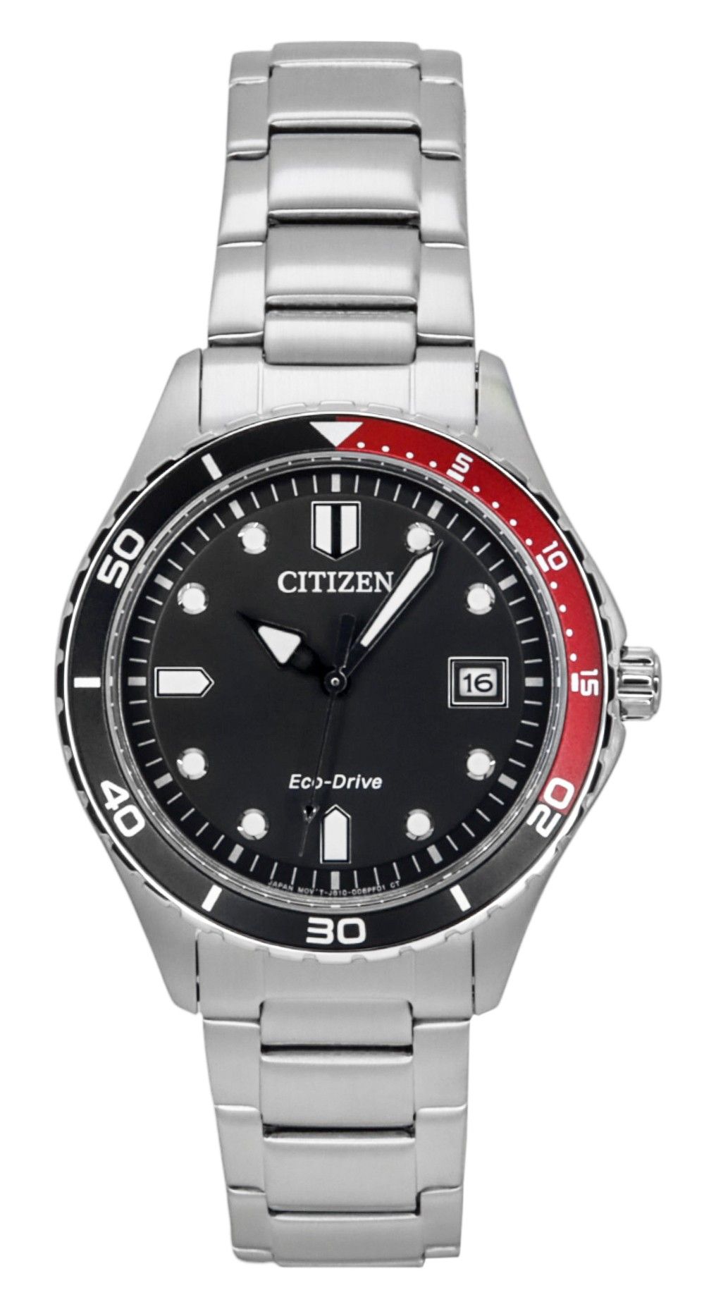 Citizen Eco-Drive Stainless Steel Black Dial 100M. A brand-new Citizen Eco-Drive watch featuring a Black dial and a Stainless steel strap. Side view.