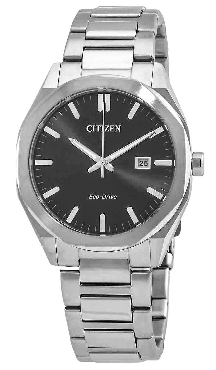 Citizen Eco-Drive Stainless Steel Black Dial 100M. A brand-new Citizen Eco-Drive watch featuring a Black dial and a Stainless steel strap. Side view.