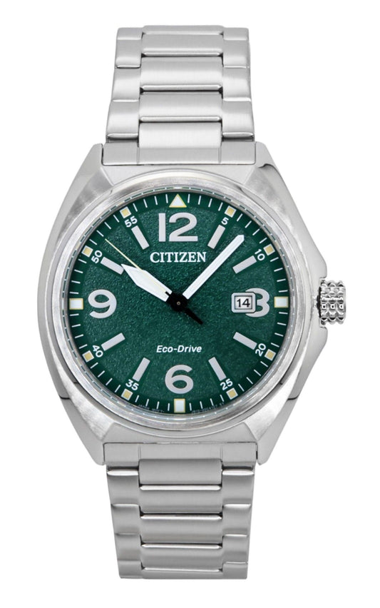 Citizen Eco-Drive Stainless Steel Green Dial 100M. A brand-new Citizen Eco-Drive watch featuring a Green dial and a Stainless steel strap. Side view.
