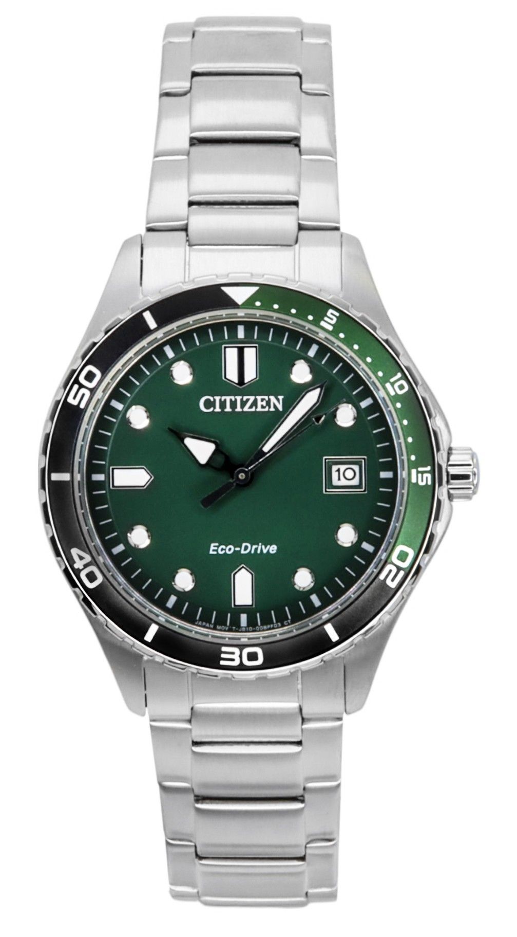 Citizen Eco-Drive Stainless Steel Green Dial 100M. A brand-new Citizen Eco-Drive watch featuring a Green dial and a Stainless steel strap. Front view.