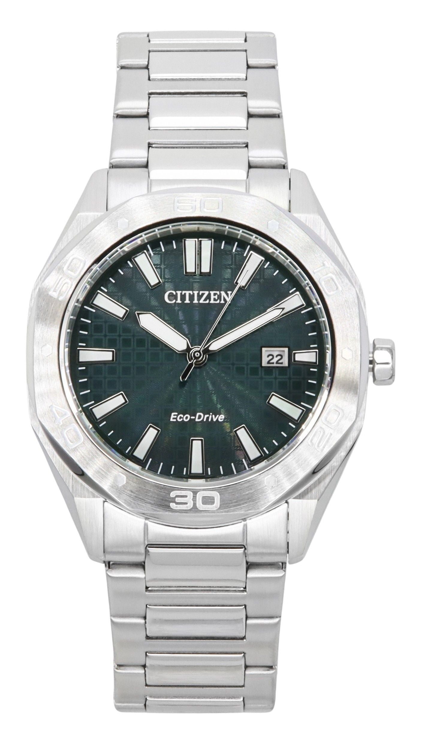 Citizen Eco-Drive Stainless Steel Green Dial 100M. A brand-new Citizen Eco-Drive watch featuring a Green dial and a Stainless steel strap. Front view.