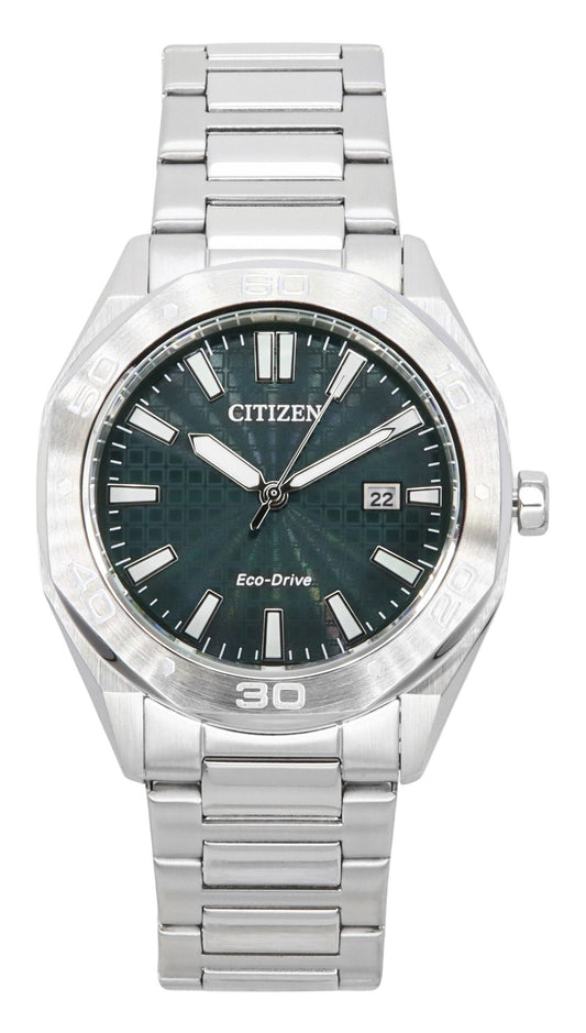 Citizen Eco-Drive Stainless Steel Green Dial 100M. A brand-new Citizen Eco-Drive watch featuring a Green dial and a Stainless steel strap. Front view.