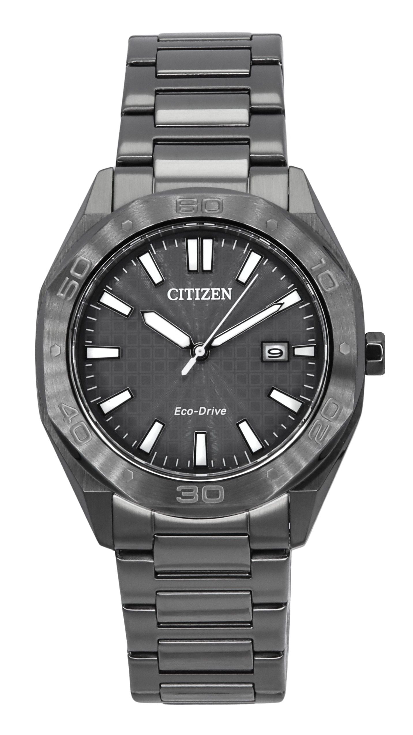 Citizen Eco-Drive Stainless Steel Grey Dial 100M. A brand-new Citizen Eco-Drive watch featuring a Grey dial and a Stainless steel strap. Front view.