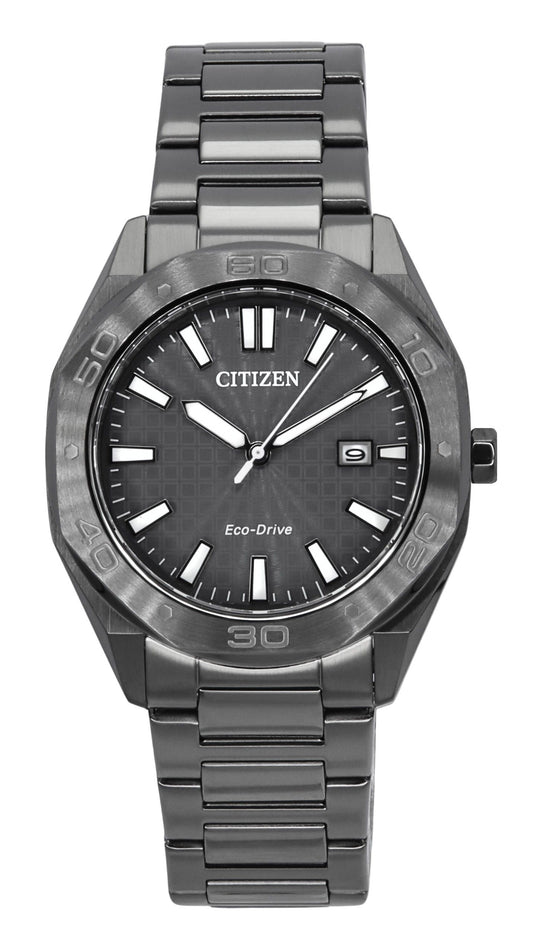Citizen Eco-Drive Stainless Steel Grey Dial 100M. A brand-new Citizen Eco-Drive watch featuring a Grey dial and a Stainless steel strap. Front view.