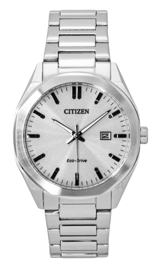 Citizen Eco-Drive Stainless Steel Silver Dial 100M. A brand-new Citizen Eco-Drive watch featuring a Silver dial and a Stainless steel strap. Angled view.
