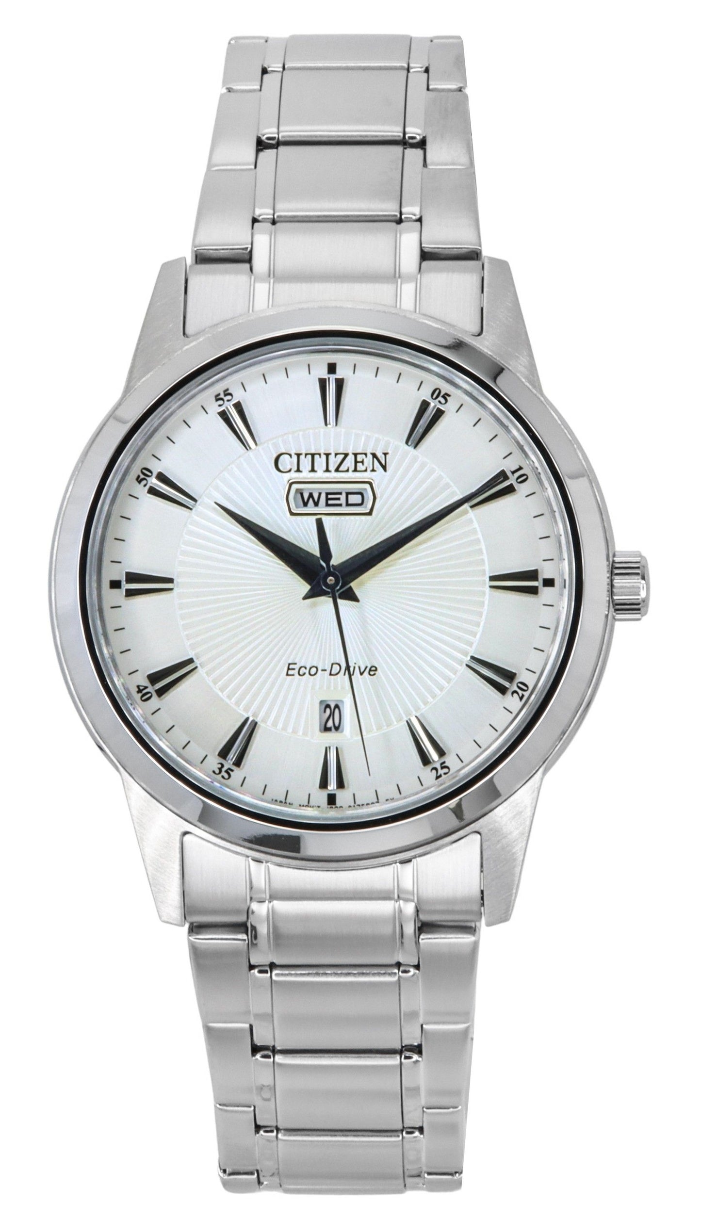 Citizen Eco-Drive Stainless Steel White Dial Water Resistant. A brand-new Citizen Eco-Drive watch featuring a White dial and a Stainless steel strap. Angled view.