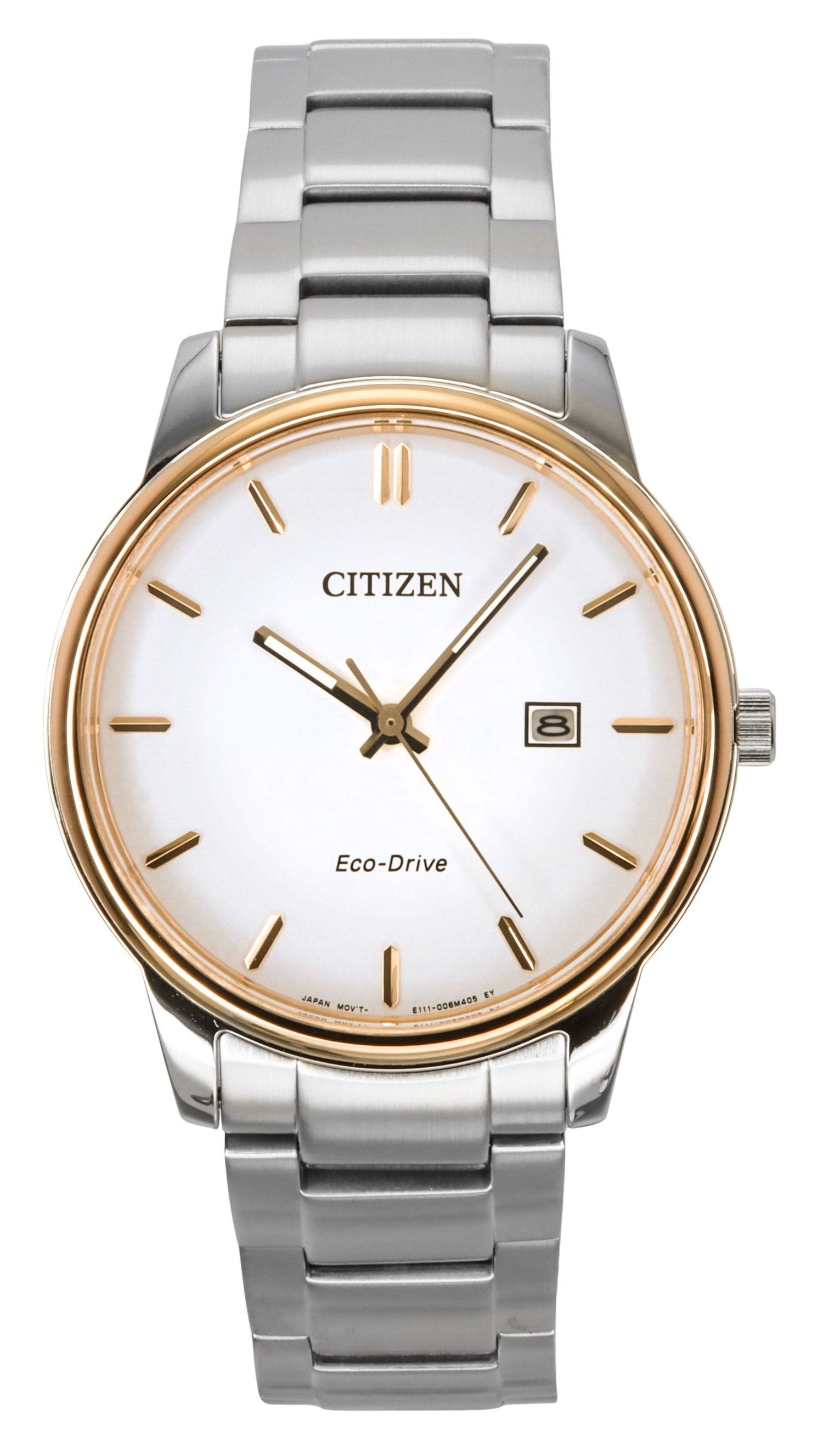 Citizen Eco-Drive Stainless Steel White Dial Water Resistant. A brand-new Citizen Eco-Drive watch featuring a White dial and a Stainless steel strap. Side view.
