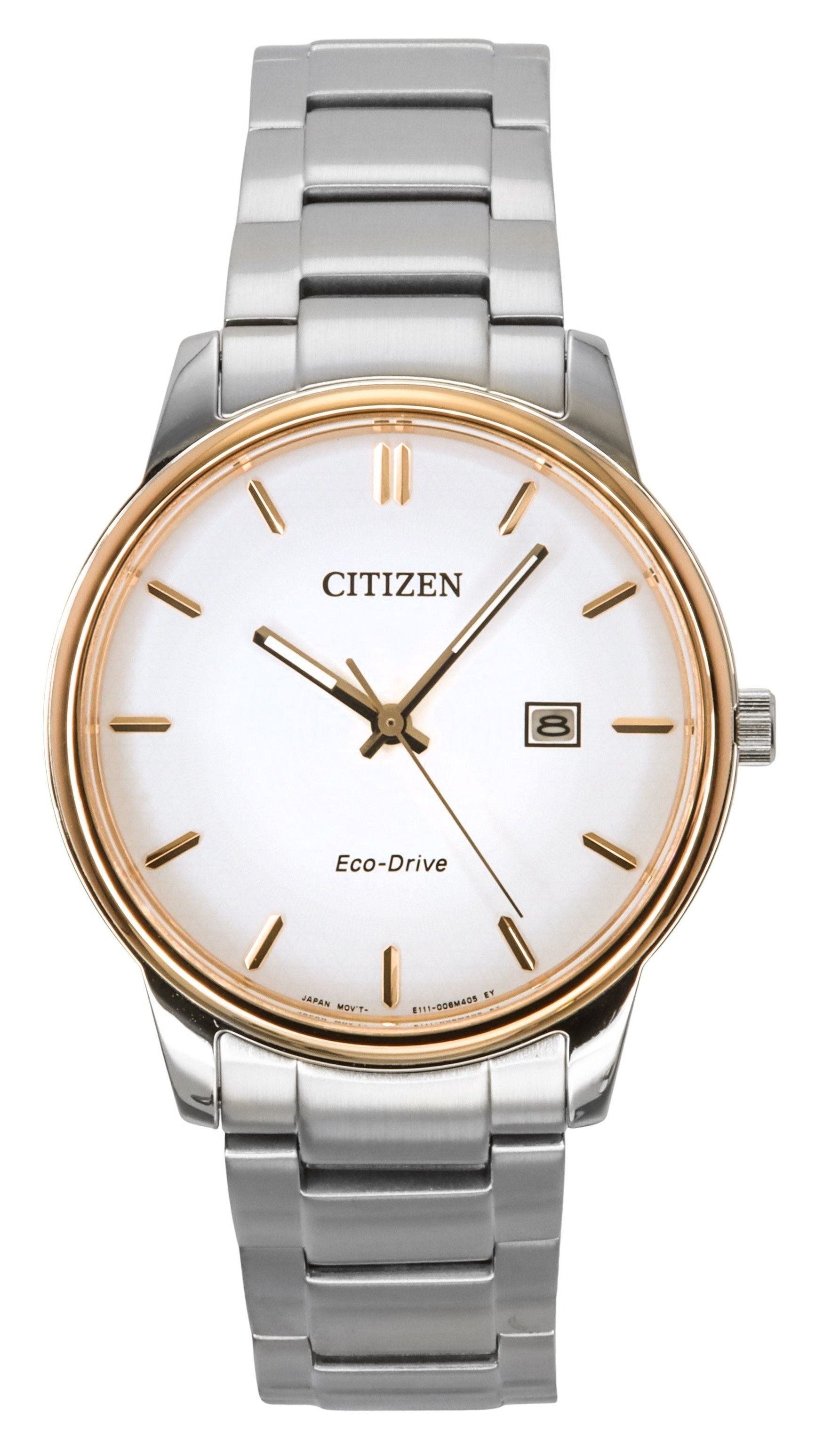 Citizen Eco-Drive Stainless Steel White Dial Water Resistant. A brand-new Citizen Eco-Drive watch featuring a White dial and a Stainless steel strap. Side view.
