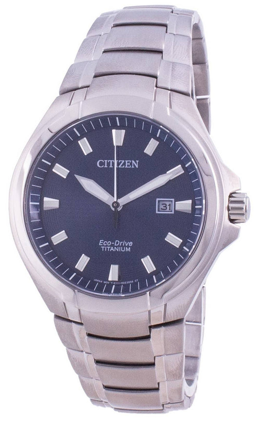 Citizen Eco-Drive Super Titanium 100M Stainless Steel. A brand-new Citizen Eco-Drive watch featuring a Titanium strap. Angled view.