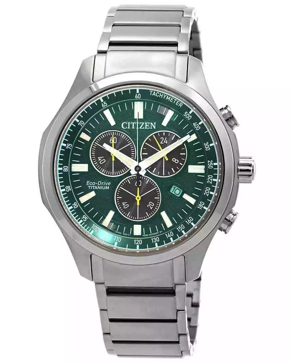 Citizen Eco-Drive Super Titanium Chronograph Green Dial 100M. A brand-new Citizen Eco-Drive watch featuring a Green dial and a Titanium strap. Angled view.