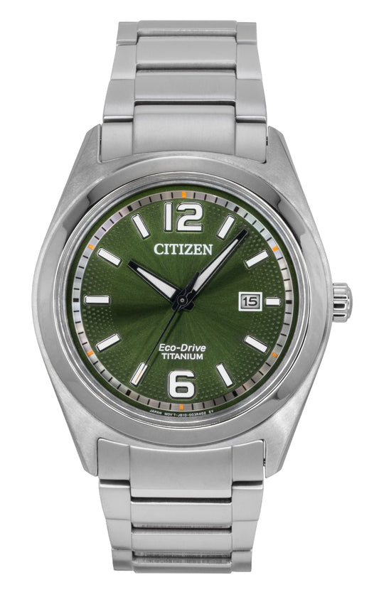Citizen Eco-Drive Super Titanium Green Dial Water Resistant. A brand-new Citizen Eco-Drive watch featuring a Green dial and a Titanium strap. Front view.