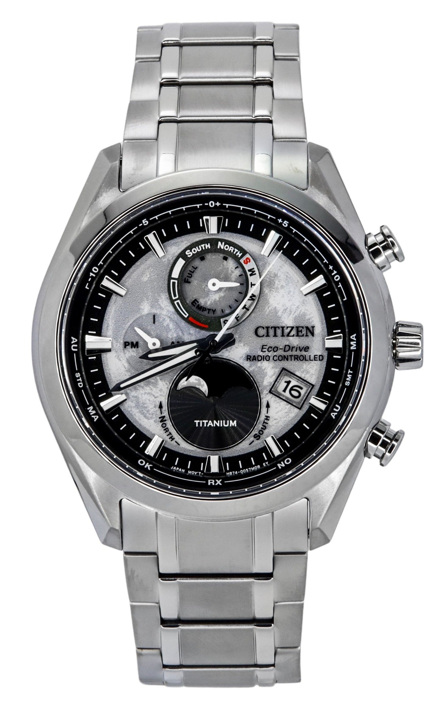 Citizen Eco-Drive Tsuki-yomi Super Titanium Radio. A brand-new Citizen Eco-Drive watch featuring a Grey dial and a Titanium strap. Angled view.