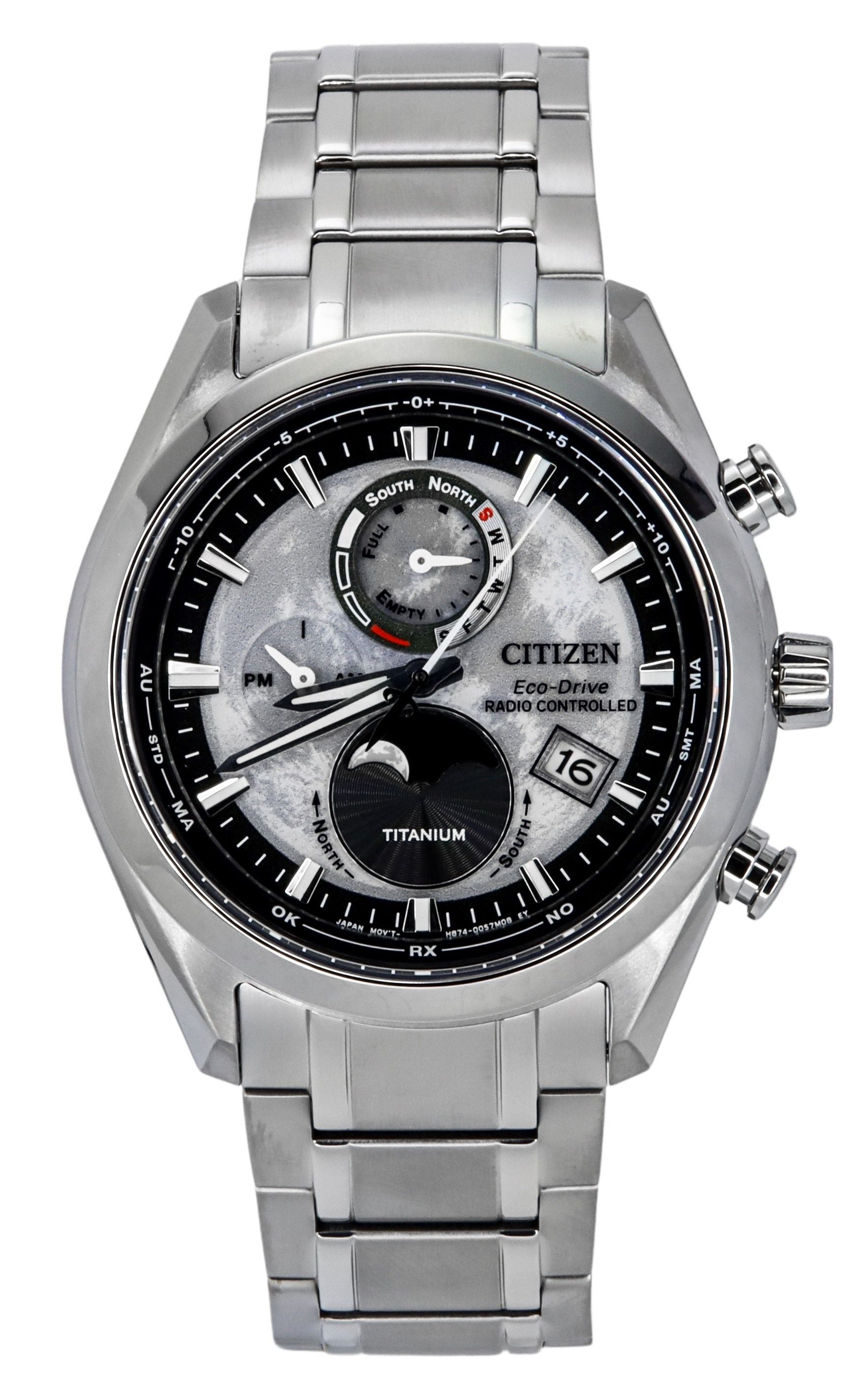 Citizen Eco-Drive Tsuki-yomi Super Titanium Radio. A brand-new Citizen Eco-Drive watch featuring a Grey dial and a Titanium strap. Angled view.