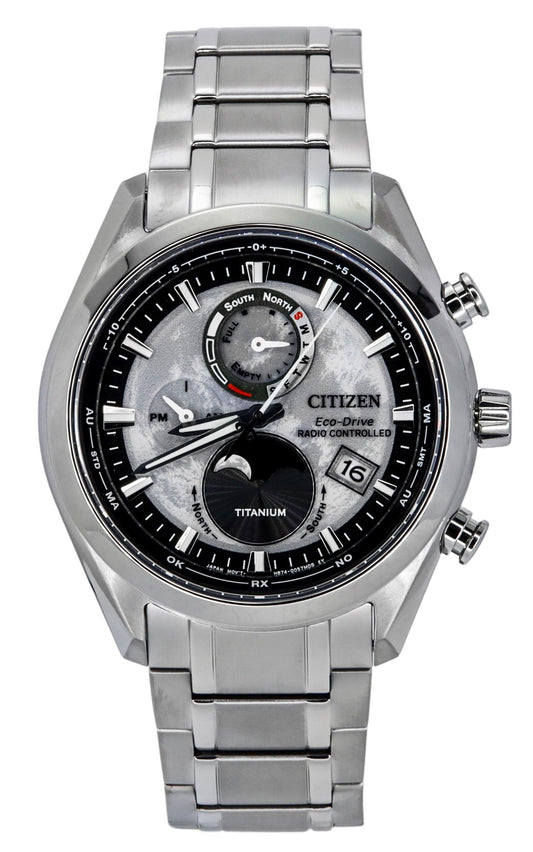 Citizen Eco-Drive Tsuki-yomi Super Titanium Radio. A brand-new Citizen Eco-Drive watch featuring a Grey dial and a Titanium strap. Angled view.