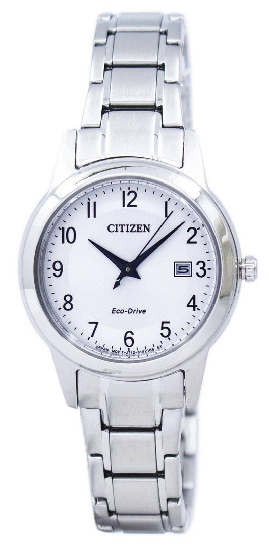 Citizen Eco-Drive Wo Stainless Steel Water Resistant. A brand-new Citizen Eco-Drive watch featuring a Stainless steel strap. Front view.