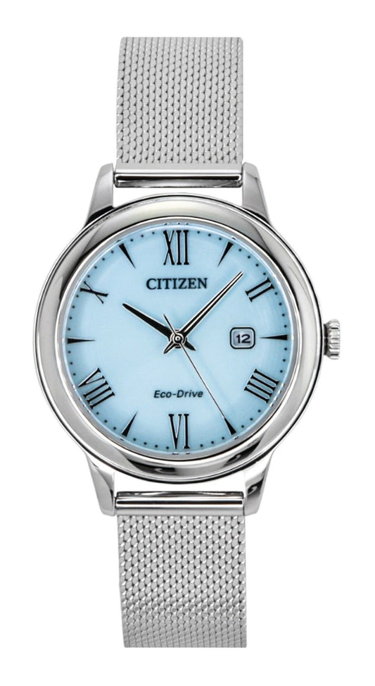 Citizen Elegance Stainless Steel Blue Dial Eco-Drive 100M Wo. A brand-new Citizen Eco-Drive watch featuring a Blue dial and a Stainless steel strap. Front view.