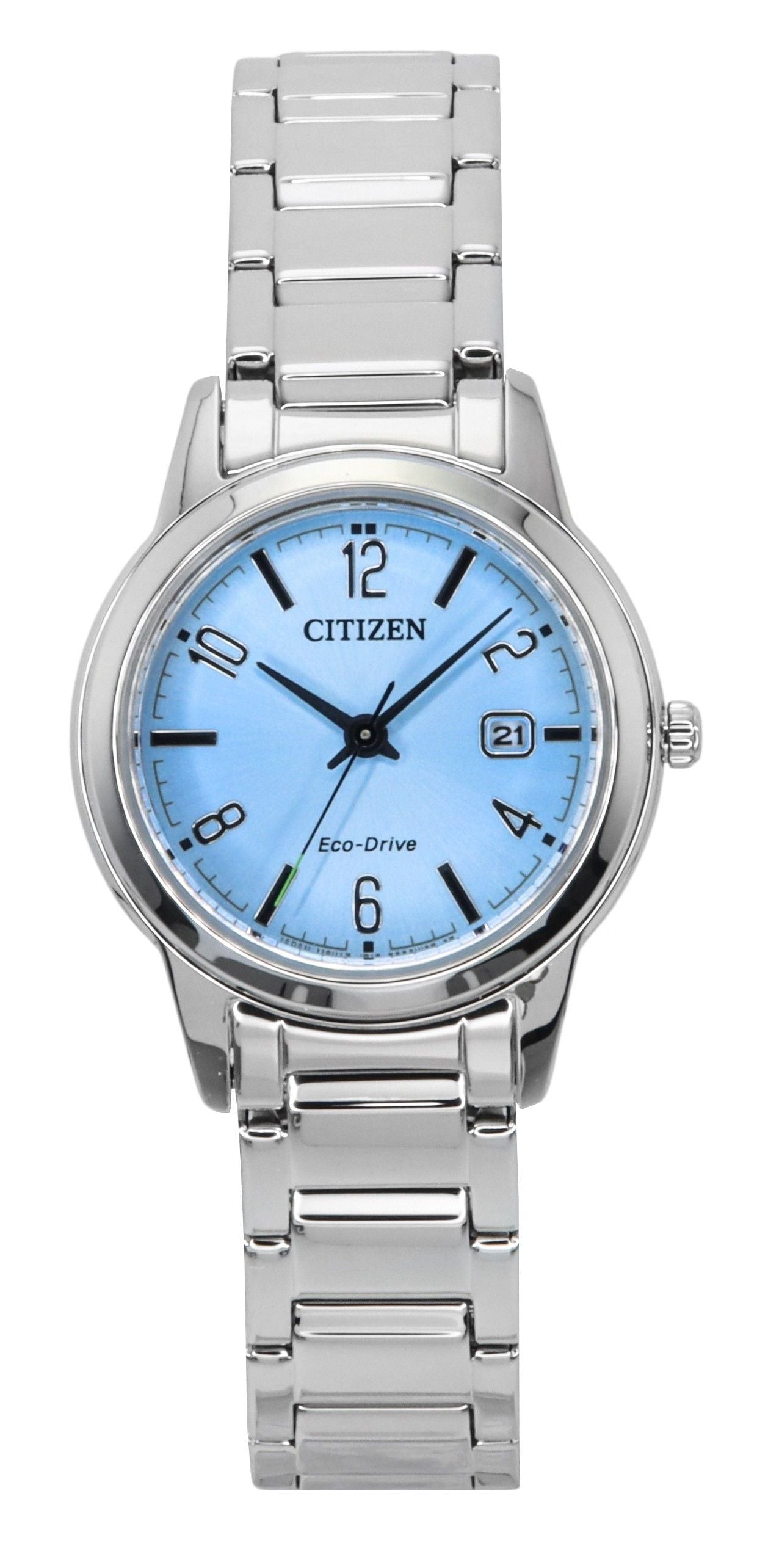 Citizen Elegance Stainless Steel Light Blue Dial Eco-Drive. A brand-new Citizen Eco-Drive watch featuring a Blue dial and a Stainless steel strap. Angled view.