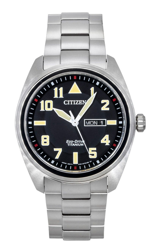 Citizen Garrison Super Titanium Black Dial Eco Drive 100M. A brand-new Citizen watch featuring a Black dial and a Titanium strap. Side view.