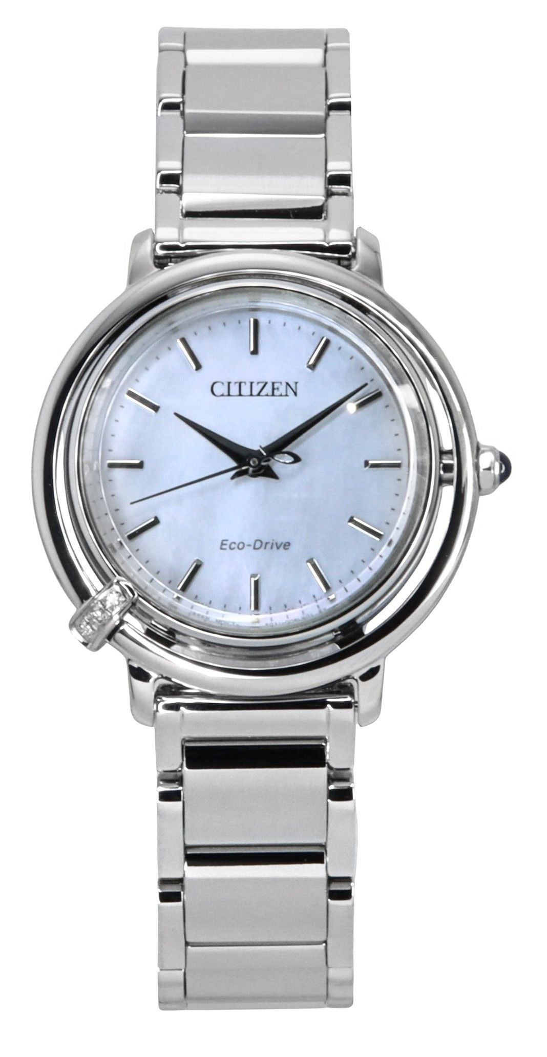 Citizen L Arcly Diamond Accent Stainless Steel Mother Of. A brand-new Citizen Eco-Drive watch featuring a Mother Of Pearl dial and a Stainless steel strap. Angled view.