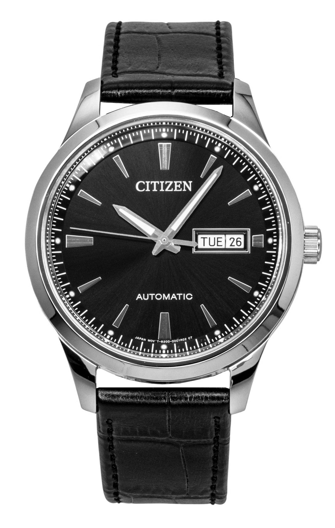 Citizen Leather Strap Black Dial Automatic Water Resistant. A brand-new Citizen watch featuring a Black dial and a Leather strap. Front view.
