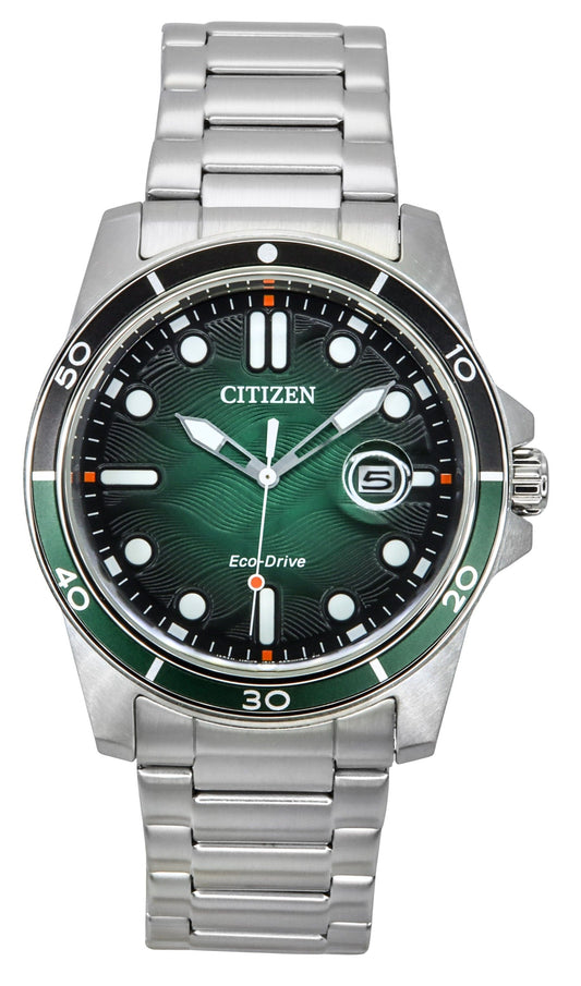 Citizen Marine Eco-Drive Stainless Steel Green Dial 100M. A brand-new Citizen Eco-Drive watch featuring a Green dial and a Stainless steel strap. Front view.