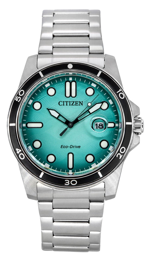 Citizen Marine Eco-Drive Stainless Steel Turquoise Dial 100M. A brand-new Citizen Eco-Drive watch featuring a Turquoise dial and a Stainless steel strap. Side view.