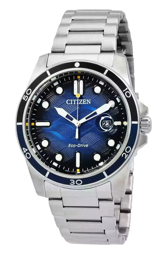 Citizen Marine Stainless Steel Blue Dial Eco-Drive 100M. A brand-new Citizen Eco-Drive watch featuring a Blue dial and a Stainless steel strap. Angled view.