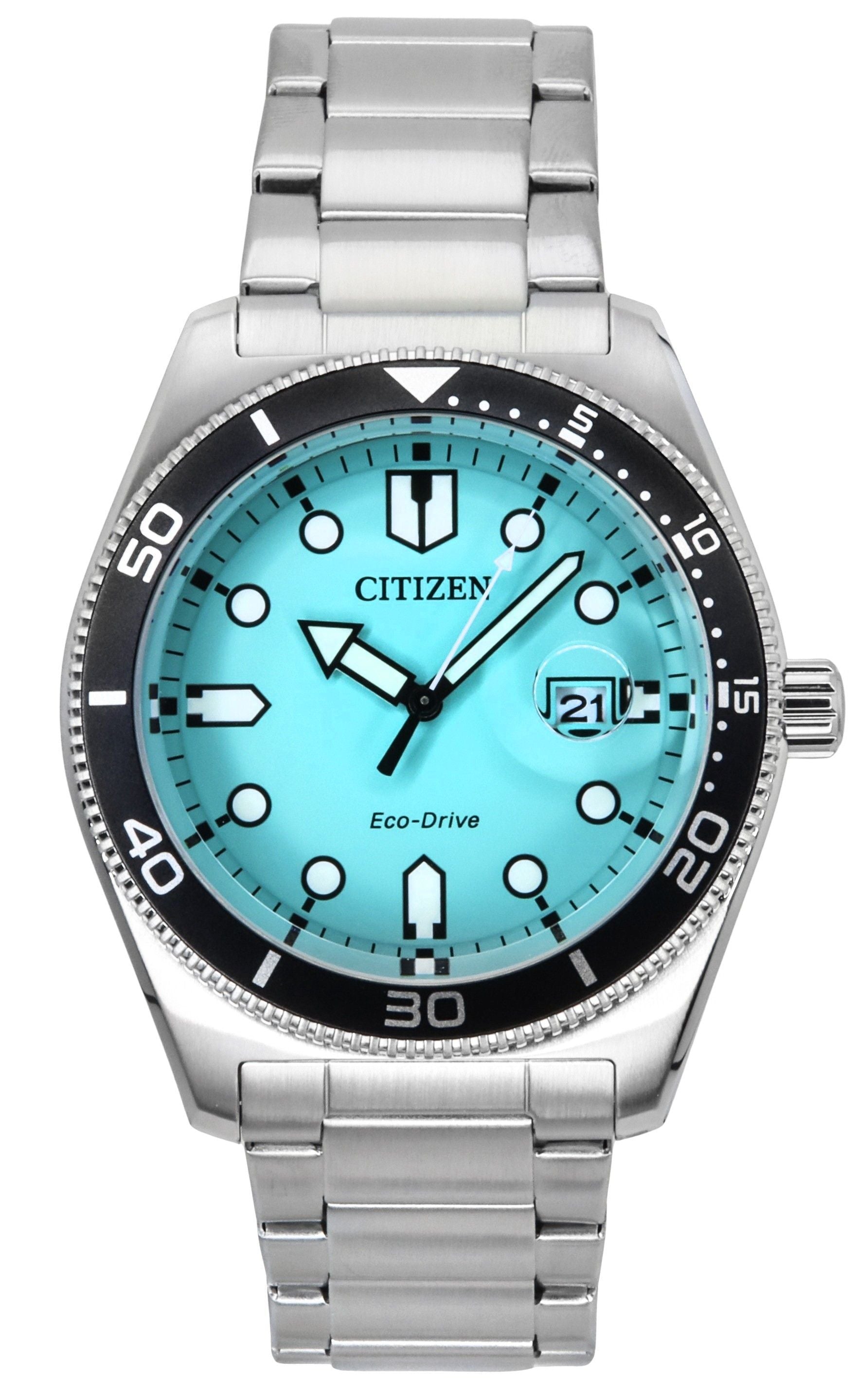 Citizen Marine Stainless Steel Turquoise Dial Eco-Drive 100M. A brand-new Citizen Eco-Drive watch featuring a Turquoise dial and a Stainless steel strap. Side view.
