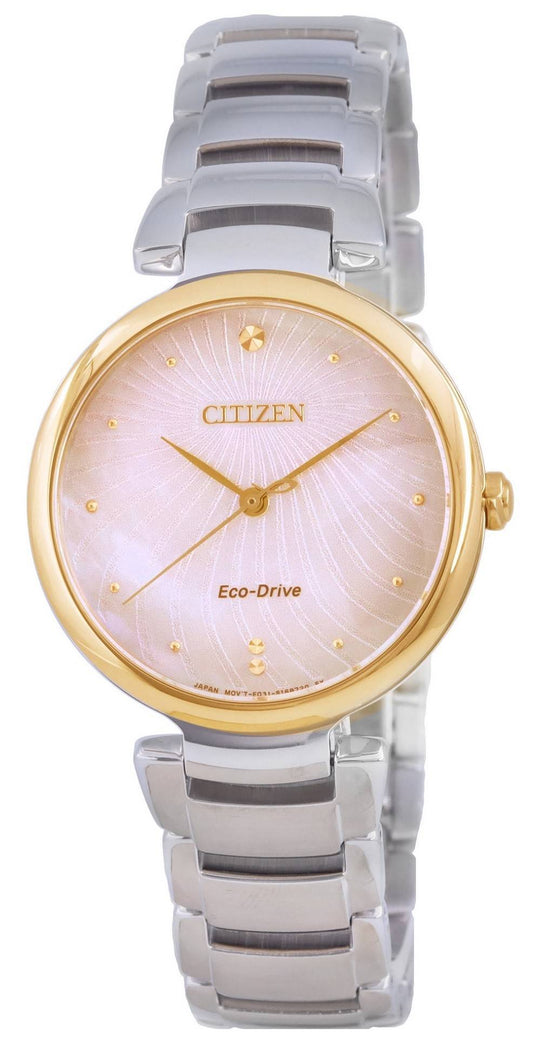 Citizen Mother Of Pearl Dial Two Tone Stainless Steel. A brand-new Citizen Eco-Drive watch featuring a Mother Of Pearl dial and a Stainless steel strap. Angled view.