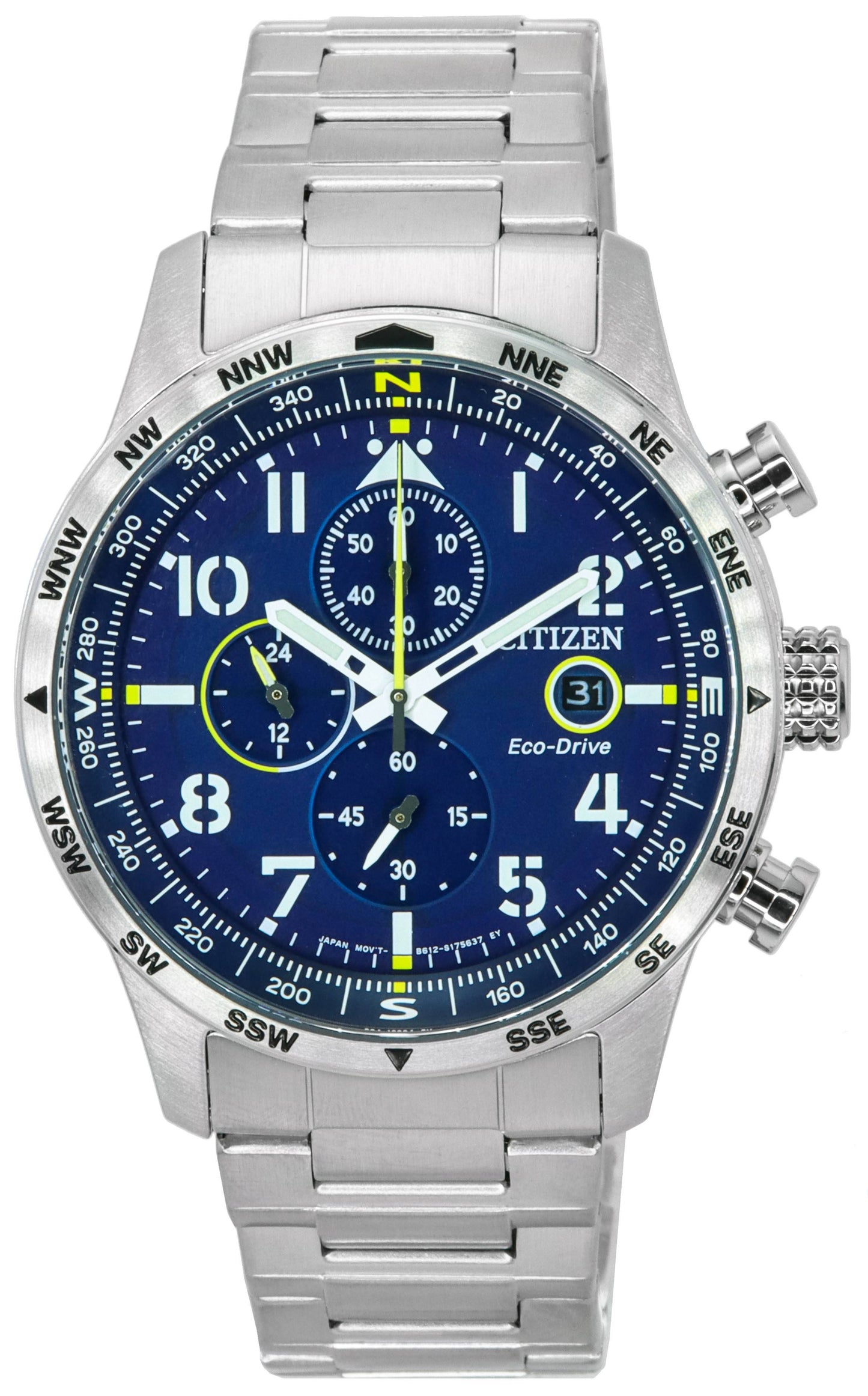 Citizen Pilot Stainless Steel Blue Dial Chronograph. A brand-new Citizen Eco-Drive watch featuring a Blue dial and a Stainless steel strap. Side view.