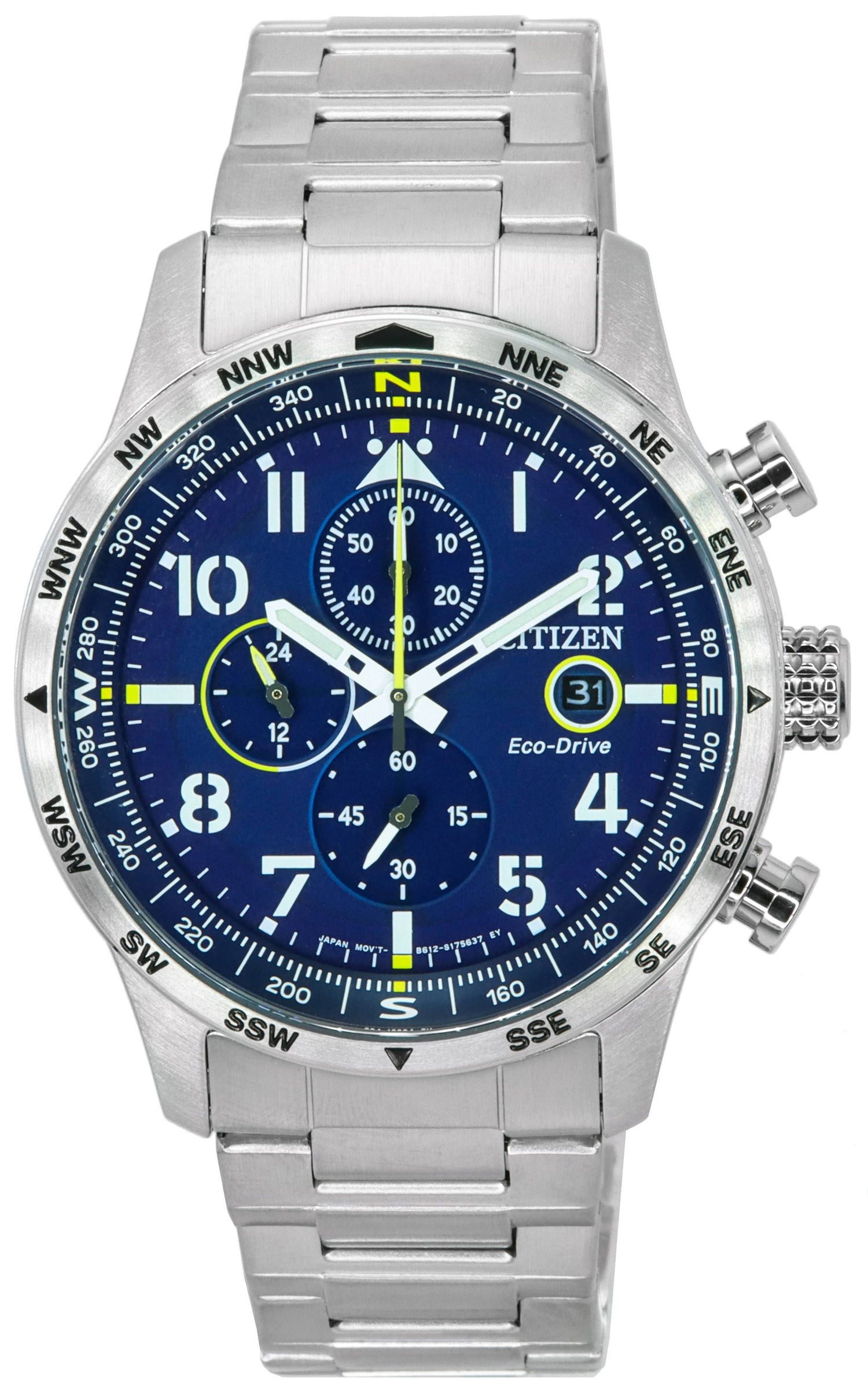 Citizen Pilot Stainless Steel Blue Dial Chronograph. A brand-new Citizen Eco-Drive watch featuring a Blue dial and a Stainless steel strap. Side view.