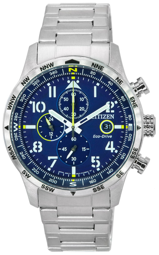 Citizen Pilot Stainless Steel Blue Dial Chronograph. A brand-new Citizen Eco-Drive watch featuring a Blue dial and a Stainless steel strap. Side view.