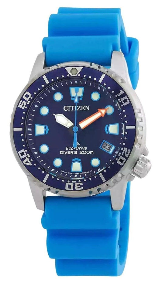 Citizen Promaster Dive Polyurethane Strap Blue Dial. A brand-new Citizen Promaster watch featuring a Blue dial and a Polyurethane (PU) strap. Front view.